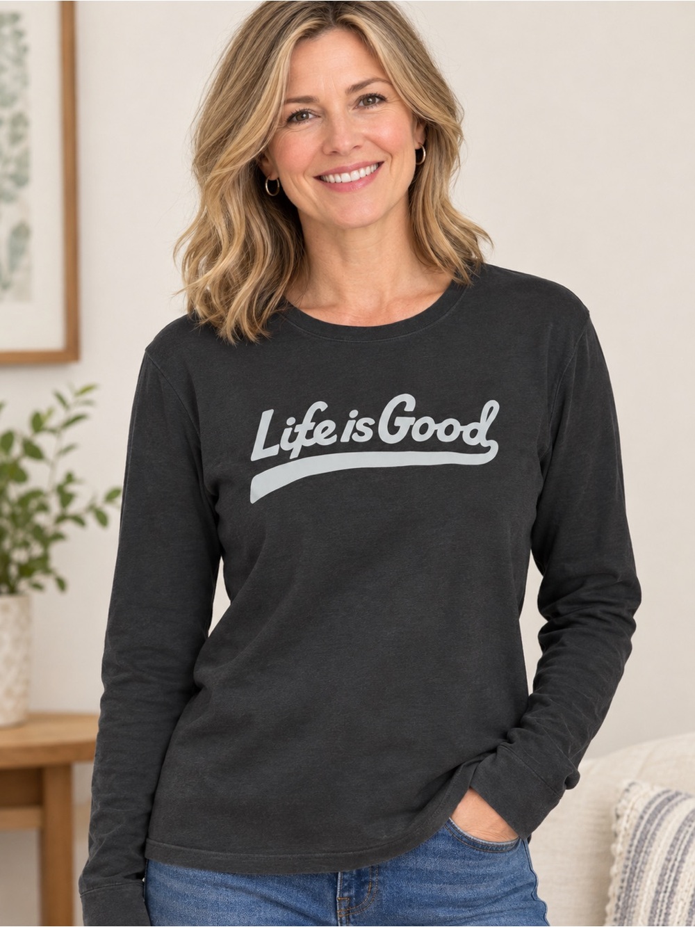 Dark Charcoal, faded Black Life is Good Long-Sleeve T-Shirt Women’s / Men’s.